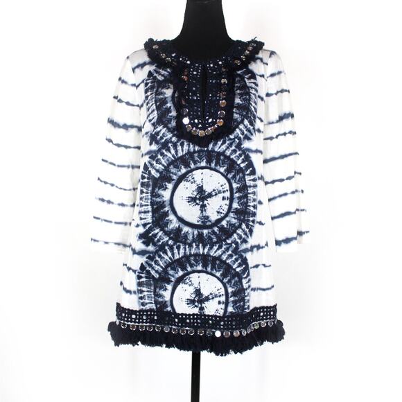 Tory Burch Stephanie Mirrored Embellished Navy Tie Dye Tunic Top 8 White Mini - Picture 1 of 7